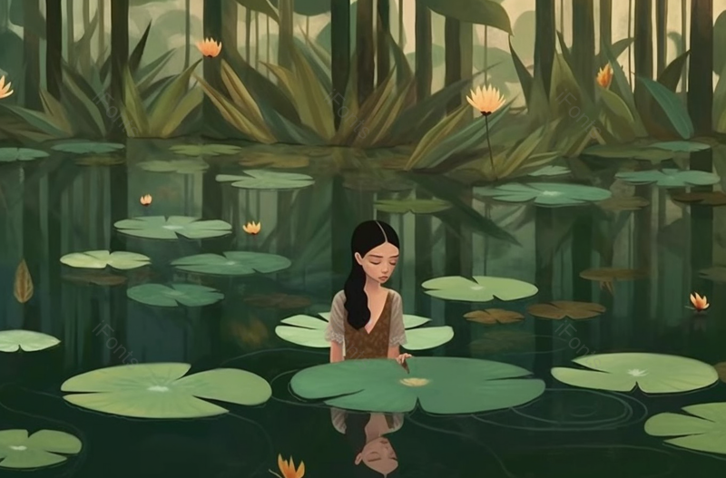 二十四节气夏季夏天立夏小暑长安女孩再说中看荷叶池塘荷塘水塘荷花荷叶绿色背景插画,插画/手绘图,插画/手绘图库,插画/手绘图下载,插画/手绘